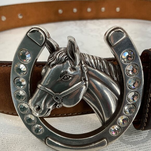 Justin Brown Leather Belt W/ Nocona Horse & Horseshoe Rhinestone Buckle Size 36 - Picture 2 of 7